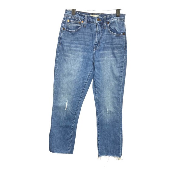 MADEWELL High Rise Slim Crop Boyfriend Jeans 25 Raw Hem Denim Cotton Blend Blue - Picture 2 of 5